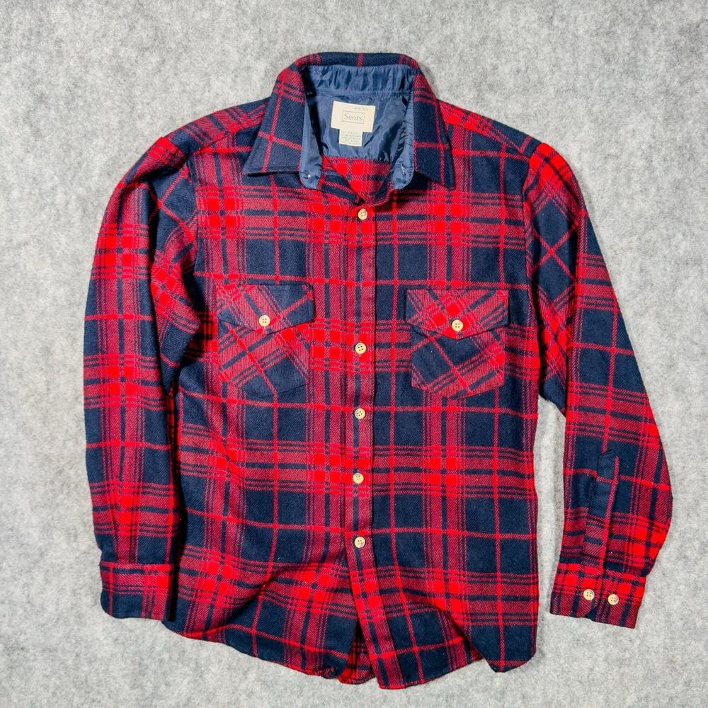 Vintage Sears Mens S Plaid Flannel Shirt Red Navy Tartan Heavyweight Korea